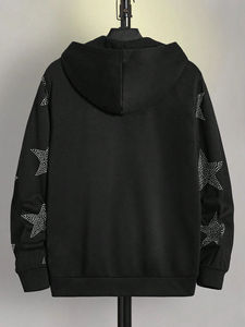 Unisex Black Hooded Fleece <b>Jacket</b> with <b>Rhinestone</b> Zipper Front Casual Autumn Wear Regular Fit 100% Cotton Anti-Wrinkle - Product Image 2
