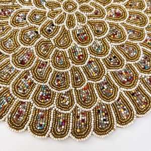 Handmade Glass Beaded Rectangle Tablemat with Floral <b>Mosaic</b> Pattern Gold and Multicolor Decor - Product Image 6