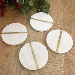 Elegant Design Natural White Round Marble <b>Coaster</b> <b>Set</b> With Metal Inlay For Luxury Home Decor Coffee Table Protection - Product Image 3