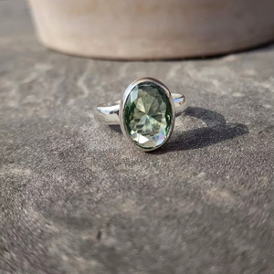 <b>Large</b> Oval Green Stone Silver Plated Brass Bezel <b>Ring</b> IGI Certified April Birthstone Vintage Style Statement Jewelry for Women - Product Image 1