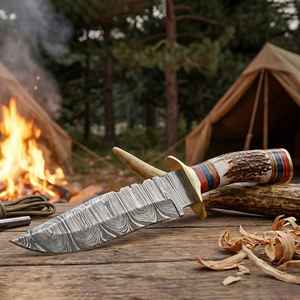 Cuchillos de Caza Premium Hechos a Mano al por Mayor, Hoja Fija de Acero de Damasco, Mango de Cuerno, para Supervivencia al Aire Libre y Camping con Funda - Product Image 5