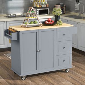 Îlot de cuisine mobile à roulettes avec plateau en bois massif, largeur 52,7 pouces, armoire de rangement, roues verrouillables, bar à petit-déjeuner, chariot de cuisine à plateau rabattable - Product Image 1