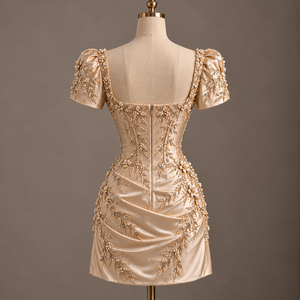 Robe de soirée en satin champagne, col carré, mini-robe plissée, robe de cocktail sans manches à fleurs perlées - Product Image 2