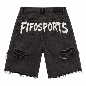 Shorts en jean déchirés pour hommes avec logo personnalisé, imprimé graphique streetwear noir, vente en gros - Product Image 2