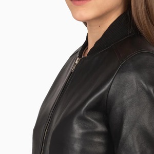 Chaqueta Bomber de Cuero Genuino para Mujer, Manga Larga, Cuello Alto, Cierre de Cremallera, para Otoño, Color Sólido, Corte Regular - Product Image 4