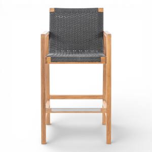 Tabourets de bar de luxe en teck massif résistant aux intempéries, avec assise en rotin synthétique tressé, pour hôtels, terrasses et espaces extérieurs. - Product Image 2