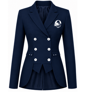 Blazer sur mesure bleu marine pour femme, croisé, coupe ajustée, manches longues, veste de costume formelle pour le bureau avec logo sur la poitrine - Product Image 1