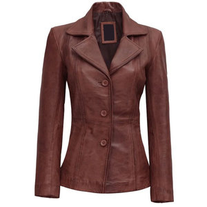 Women Cognac Brown Wax Three Button <b>Leather</b> <b>Blazer</b> Top Sell Factory Wholesale 2026 - Product Image 4