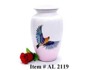 Elegant White & Pink Metal Cremation Urn for Human Ashes - Handcrafted <b>Memorial</b> Jar with Vibrant Soaring Bird Imagery - Product Image 1