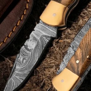 Cuchillos de Caza Plegables Decorativos con Mango de Madera Azul, Detalles de Remaches y Funda de Cuero Marrón para Caza, Camping y Senderismo - Product Image 6
