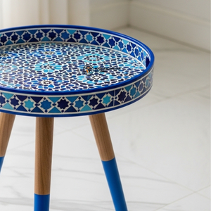 Handcrafted Blue Decorative <b>Stool</b> – <b>Round</b> Wooden Seating for Living Room Stylish Modern Accent Furniture - Product Image 3