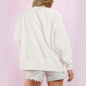 Custom <b>Sequined</b> Oversized Sweatshirt Women Long Sleeve Drop Shoulder O-Neck Loose Fit <b>White</b> Cotton Knitted <b>Top</b> Front Logo Casual - Product Image 2