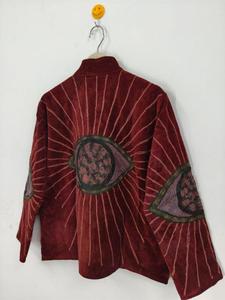 Chaqueta Vintage de Terciopelo Borgoña con Bordado Suzani y Patrón de Ojo Turco, Manga Larga, Cuello Alto, Estilo Bohemio, Ropa Exterior de Otoño para Mujer - Product Image 5
