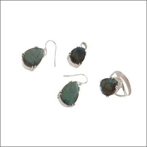 Ensemble de bijoux en argent 925 avec labradorite, boucles d'oreilles et bague en forme de goutte d'eau, serti clos, style minimaliste, pour femme, à porter au quotidien - Product Image 1