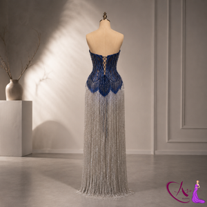Maison Lusso Navy Blue Strapless Beaded Evening Gown with High Slit & Built-in <b>Bra</b> | Premium Mesh Fabric for Formal Occasions - Product Image 2