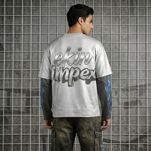2027 Trendy Oversized Metallic Letter Print Long Sleeve T-<b>Shirt</b> Men Streetwear Hip Hop <b>Flame</b> Patchwork Baggy Fit Tee - Product Image 4