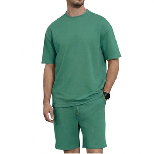 Customized Two Piece Short Set Men's 2 Piece Outfits Short Sleeve Crew Neck Summer <b>T</b> Shirt and Drawstring Casual <b>Track</b> Shorts - Product Image 2