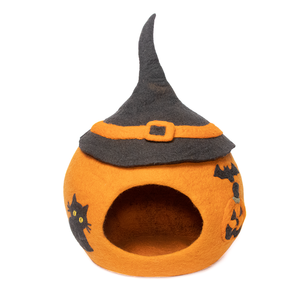 Wool Felt Cat Bed Cave Orange With Black Cat Pattern Round Shape Soft Indoor Pet Nest <b>For</b> Cats Autumn Style - Product Image 1
