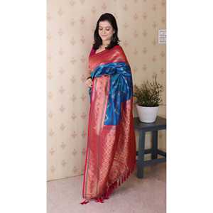 ผ้าไหมบานาราซีสีน้ำเงิน ลายซิกแซก ปักดิ้นมีนาการี ผ้าทอซารี ชุดอินเดียและปากีสถาน ผ้าทอระดับพรีเมียม 650 กรัม - Product Image 3