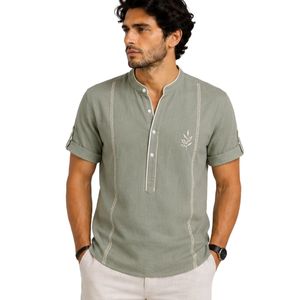 Chemise décontractée personnalisée pour homme en lin et coton vert sauge, col mandarin brodé, manches courtes, respirante, vêtements d'été sur mesure - Product Image 1