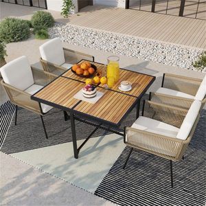 Acacia Wood Outdoor Table 43.5\" Square X Metal <b>Frame</b> Natural+<b>Black</b> 4-Seater 180lbs Capacity - Product Image 5