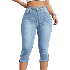 Women's Light Blue Woven <b>Denim</b> Capri Pants High Waist <b>Stretch</b> Skinny Fit Casual Knee Length Button Hem Everyday Wear - Product Image 1
