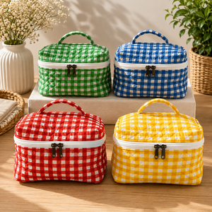 Quilted Striped Water Resistant Hanging Cosmetic Bag Zipper <b>Makeup</b> <b>Case</b> Portable for Organizer Travel Pouch Soft Handle - Product Image 1
