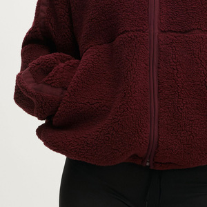 Chaqueta de forro polar burdeos para mujer, con cremallera completa, cuello alto, hombros caídos, abrigo grueso de invierno - Product Image 4