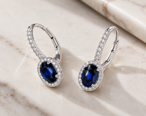 Pendientes Colgantes de Zafiro Azul Ovalado de Platino de Primera Calidad con Halo de Diamantes Naturales de 1 Quilate, Elegantes para Fiestas y Eventos de Lujo - Product Image 3