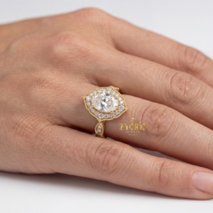 Anillo de Compromiso Clásico Vintage con Diamante Cultivado en Laboratorio de Corte Ovalado, Bordes Milgrain, Chapado en Oro de 14K/18K, para Aniversario de Bodas o Fiesta - Product Image 4