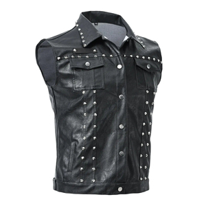 Gilet en cuir pour homme grande taille style punk avec rivets, col rabattu, vêtement d'extérieur, coupe régulière, couleur unie, sans manches, pour l'automne - Product Image 5