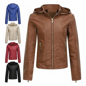 Chaqueta de Motocicleta de Cuero Sintético con Capucha para Mujer, Cierre de Cremallera, Manga Larga, Diseño Cortavientos de Color Sólido para Otoño - Product Image 1