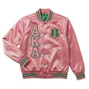 เสื้อแจ็คเก็ตบอมเบอร์ผ้าซาตินสีชมพูเขียวสำหรับชมรมนักศึกษาชาย HBCU พร้อมตัวอักษรกรีกแบบวาร์ซิตี้ กันลม คอปกตั้ง - Product Image 1