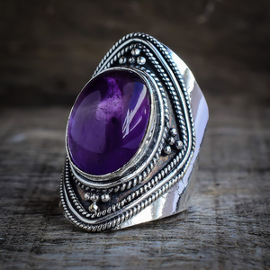แหวนพลอยอเมทิสต์สีม่วงธรรมชาติ เงินแท้ 925 สไตล์โบฮีเมียน แหวนพลอยสำหรับผู้หญิง ทรงวงรี พลอยเม็ดใหญ่ แหวนวินเทจสำหรับสาวๆ - Product Image 3