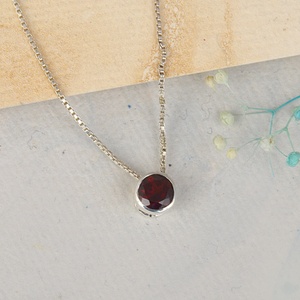 925 Sterling Silver Round Bezel Set Natural Garnet Birthstone Solitaire <b>Pendant</b> Necklace for Women January Birthstone Jewelry - Product Image 2
