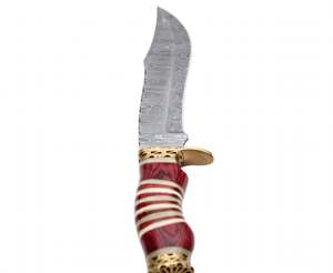 มีดอเนกประสงค์เหล็กดามัสกัสทำมือ ด้ามไม้ปักกาวูดสีแดง พร้อมลายสลักบนด้าม ใช้สำหรับตัดและแกะสลัก - Product Image 1