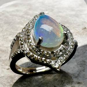 Natural Ethiopian Opal Gemstone with Single Cut Diamond 925 Sterling <b>Silver</b> Rhodium Plated Minimalist Cocktail <b>Ring</b> - Product Image 3