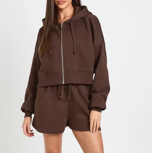 Ensemble de survêtement court à capuche 2 pièces pour femme, style clubwear, grande taille, épais, avec fermeture éclair, pour l'extérieur, hiver et automne - Product Image 1
