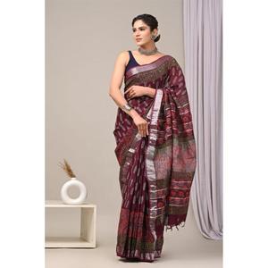 Sari en lin imprimé léger avec chemisier en lin, tissu de qualité supérieure, sari pour femmes adultes, disponible en grande quantité - Product Image 2