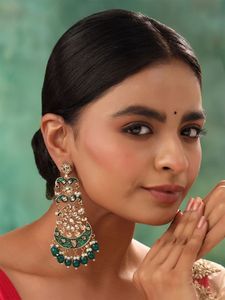 Pendientes de Araña Estilo Kashmiri Indio al por Mayor, con Esmeraldas Verdes, Meenakari, Kundan y Perlas Colgantes para Mujer - Product Image 2
