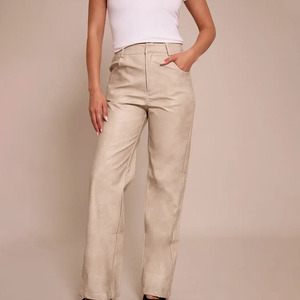 Customized Women's <b>Summer</b> Mid Waist Loose Fit Quick Dry Breathable Eco-Friendly PU Leather Design Zipper Fly Wide Leg <b>Pants</b> - Product Image 1