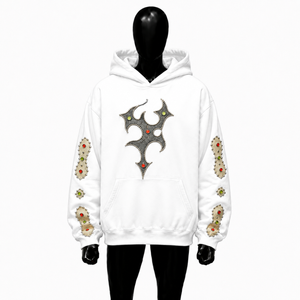 Sudadera con Capucha Blanca Oversize Estilo Gótico con Diseño de Cruz y Tachuelas, Mangas Adornadas con Pedrería, Unisex, Estilo Urbano, en Oferta - Product Image 1