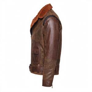 Chaqueta de cuero para hombre, forrada con sherpa, con cierre de cremallera, cuello alto, para trabajo al aire libre, con logo personalizado, chaqueta de aviador marrón de piel de oveja. - Product Image 4