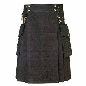 Fournisseur et fabricant de Kilts utilitaires pour hommes en denim noir de qualité supérieure sur mesure Kilts écossais longs gothiques avec poches latérales - Product Image 1