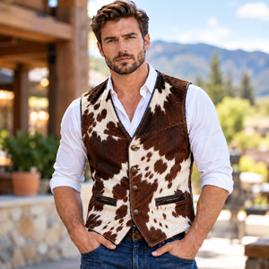 Chaleco de Cuero de Vaca con Pelo Natural Hecho a Mano |   Chaleco Artesanal de Cuero Vacuno con Pelo para Hombre |   Chaleco Artesanal de Cuero para Hombre - Product Image 1