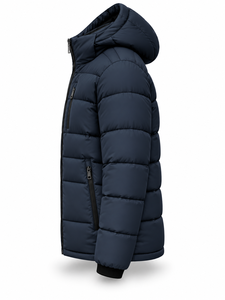 Blouson matelassé à capuche bleu marine pour homme, imperméable, séchage rapide, coupe-vent, décontracté, fermeture éclair frontale, logo, rembourrage en polyester, coupe régulière - Product Image 4