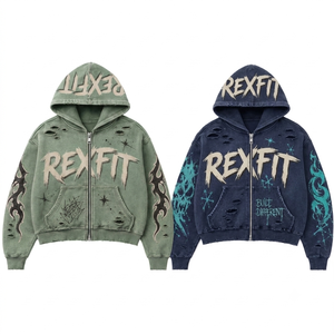 Sudadera con capucha y cremallera REXFIT personalizada con lavado ácido, estilo urbano, oversize, estampado gráfico, ecológica, vintage, unisex - Product Image 4