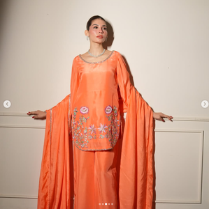 <b>Orange</b> Silk Satin Salwar Kameez Floral Embroidery Regular Fit Crop Length Traditional Indian Pakistani Women Wedding Wear SADIA - Product Image 1
