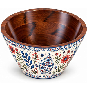 Cuenco de madera pintado a mano con diseño floral en rojo granate y azul verdoso a bajo precio - Product Image 3