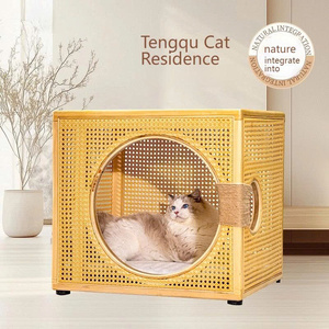 Cama para Gatos de Madera Maciza con Rascador, Villa para Gatos de Ratán Chino, Diseño Creativo Universal, Transpirable y de Gran Valor Estético - Product Image 5